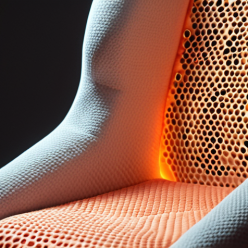 **A sensory chair**: Close-up of a modern chair with a seat made of temperature-sensitive material, subtly conforming to the shape of a person sitting. Focus on the tactile experience and personalized comfort. Soft, warm lighting. MDD concept.