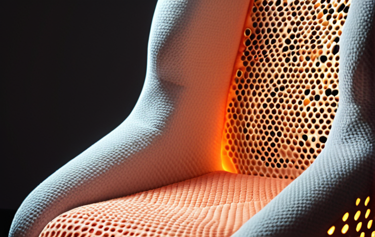 **A sensory chair**: Close-up of a modern chair with a seat made of temperature-sensitive material, subtly conforming to the shape of a person sitting. Focus on the tactile experience and personalized comfort. Soft, warm lighting. MDD concept.