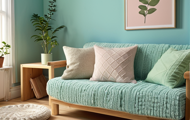 **

"A cozy living room interior. Pastel colored walls in soft shades of blue and green. A plush, textured throw pillow on a comfortable sofa. Warm, inviting light casting gentle shadows. Wooden elements and personalized decor adding character. Focus on creating a relaxing and harmonious atmosphere."

**